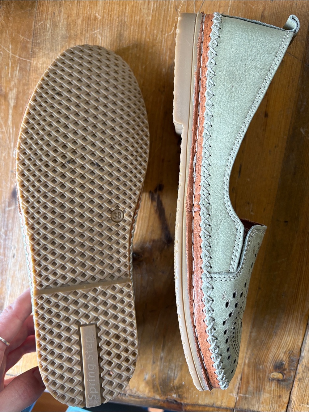 Spring step Sage Green Slip-Ons with intricate design. - Picture 4 of 5